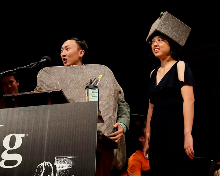 David Hu and former lab team member Patricia Wang at the 2019 Ig Nobels (Credit: AP Photo)